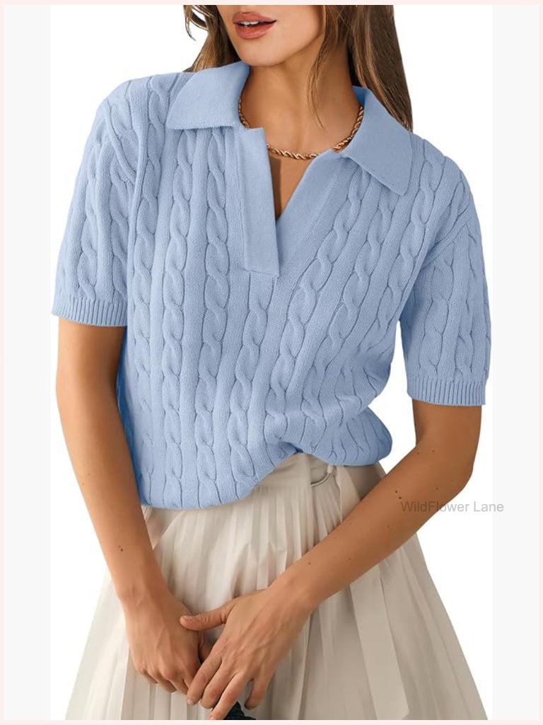 Short Sleeve Cable Knit V-Neck Sweater Pullover Summer